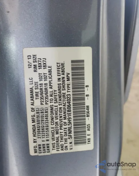 2014 Honda Odyssey Touring from USA, damaged, VIN 5FNRL5H91EB064023